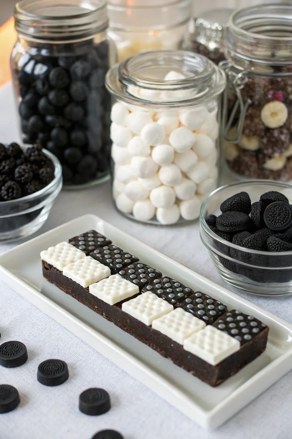 A monochromatic confection bar delights attendees featuring sweet offerings.