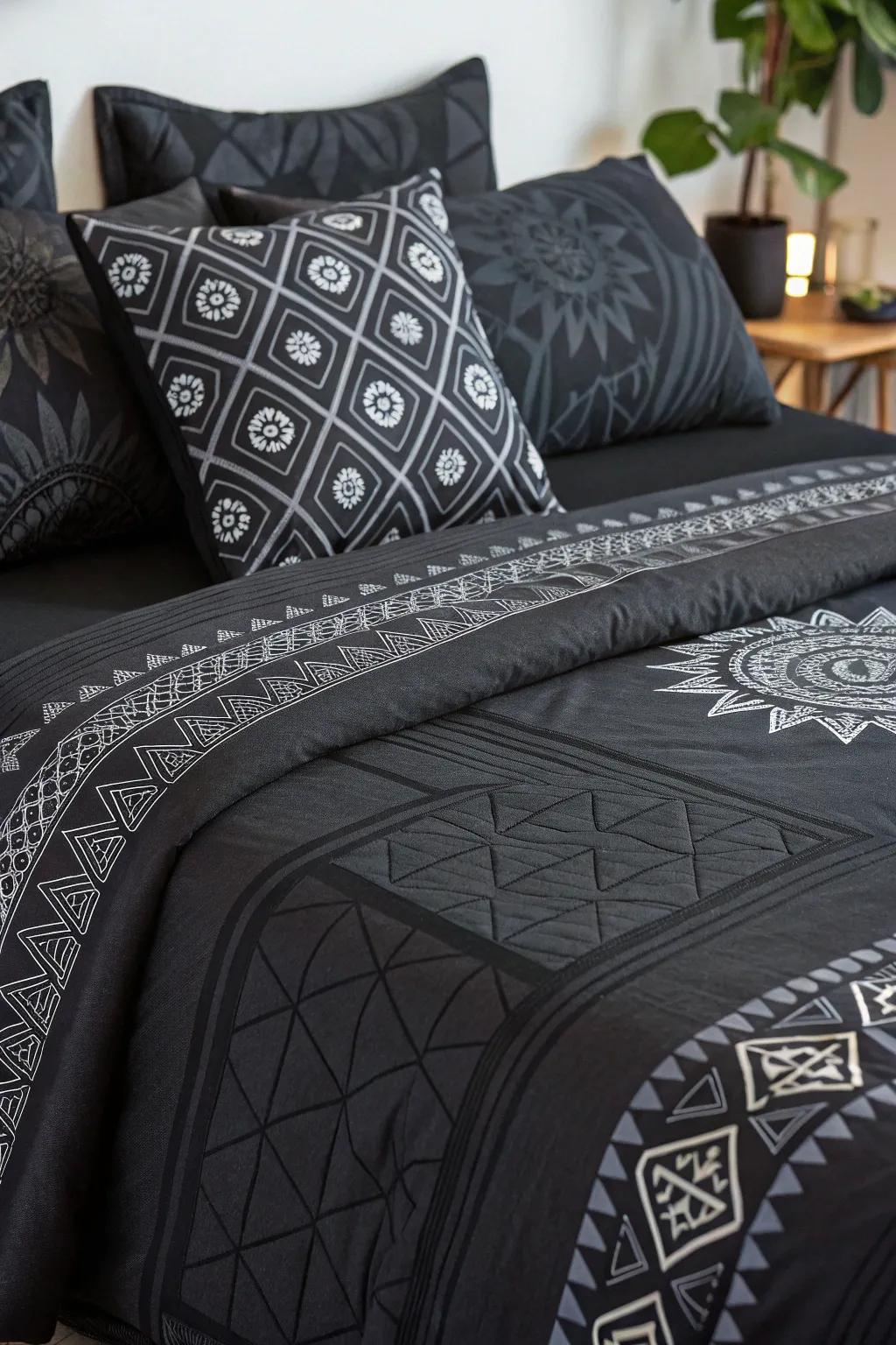 Including modern elegance by using patterned black bedding.
