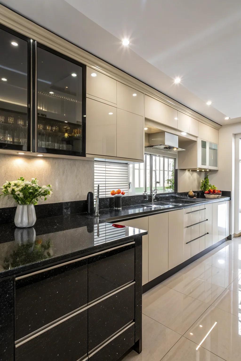 Reflective exteriors enhancing spaciousness in the cooking space.