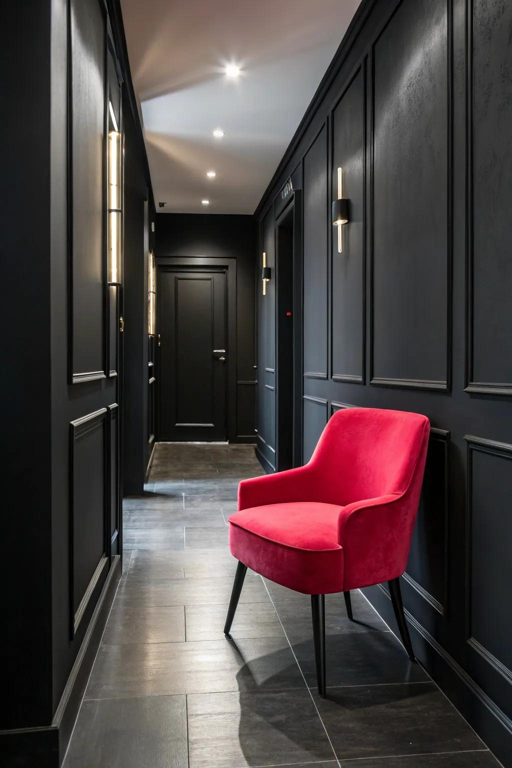 A brightly colored chair adds personal flair to the space.