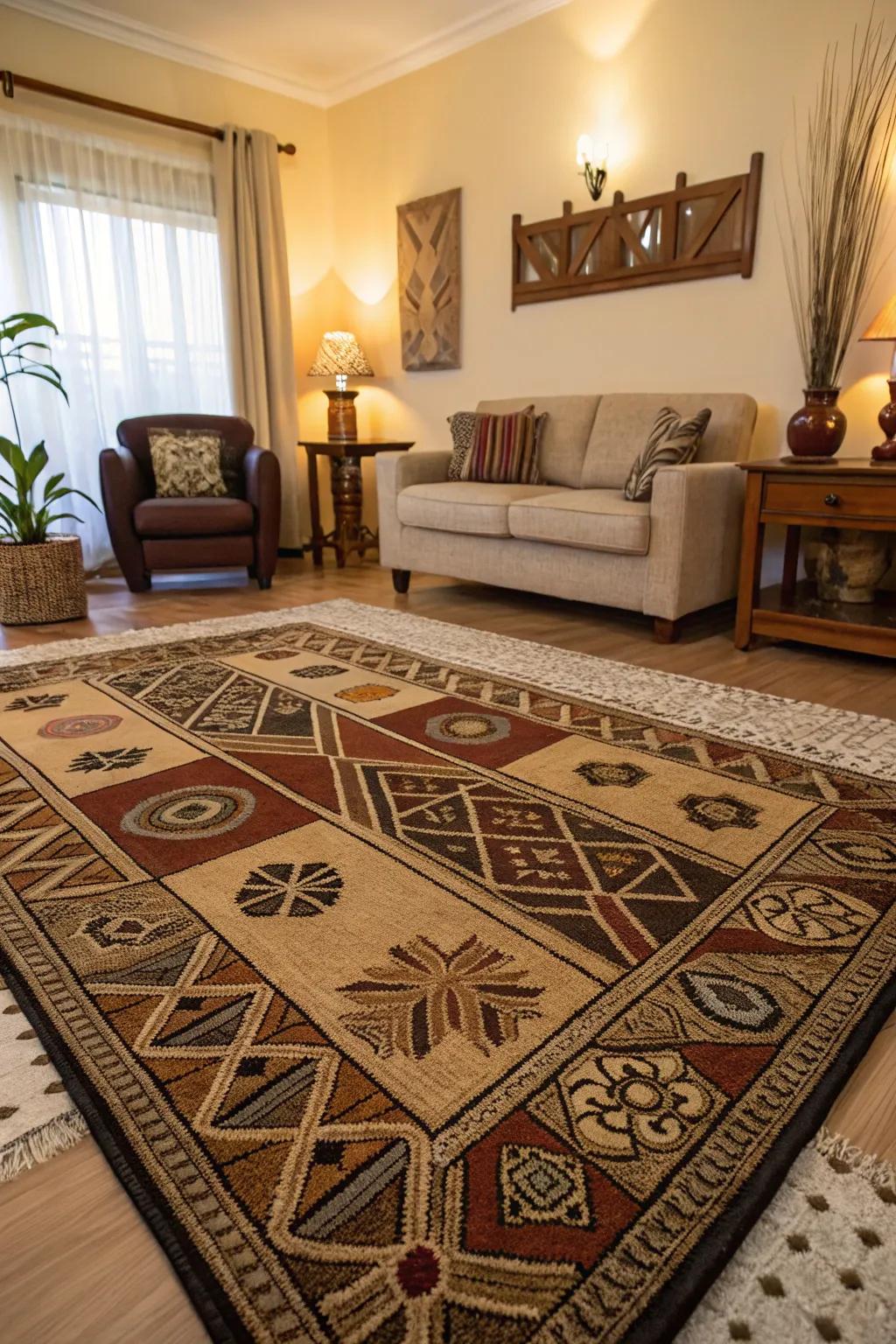 A rug that features ethnic shapes brings style and warmth to the floor.