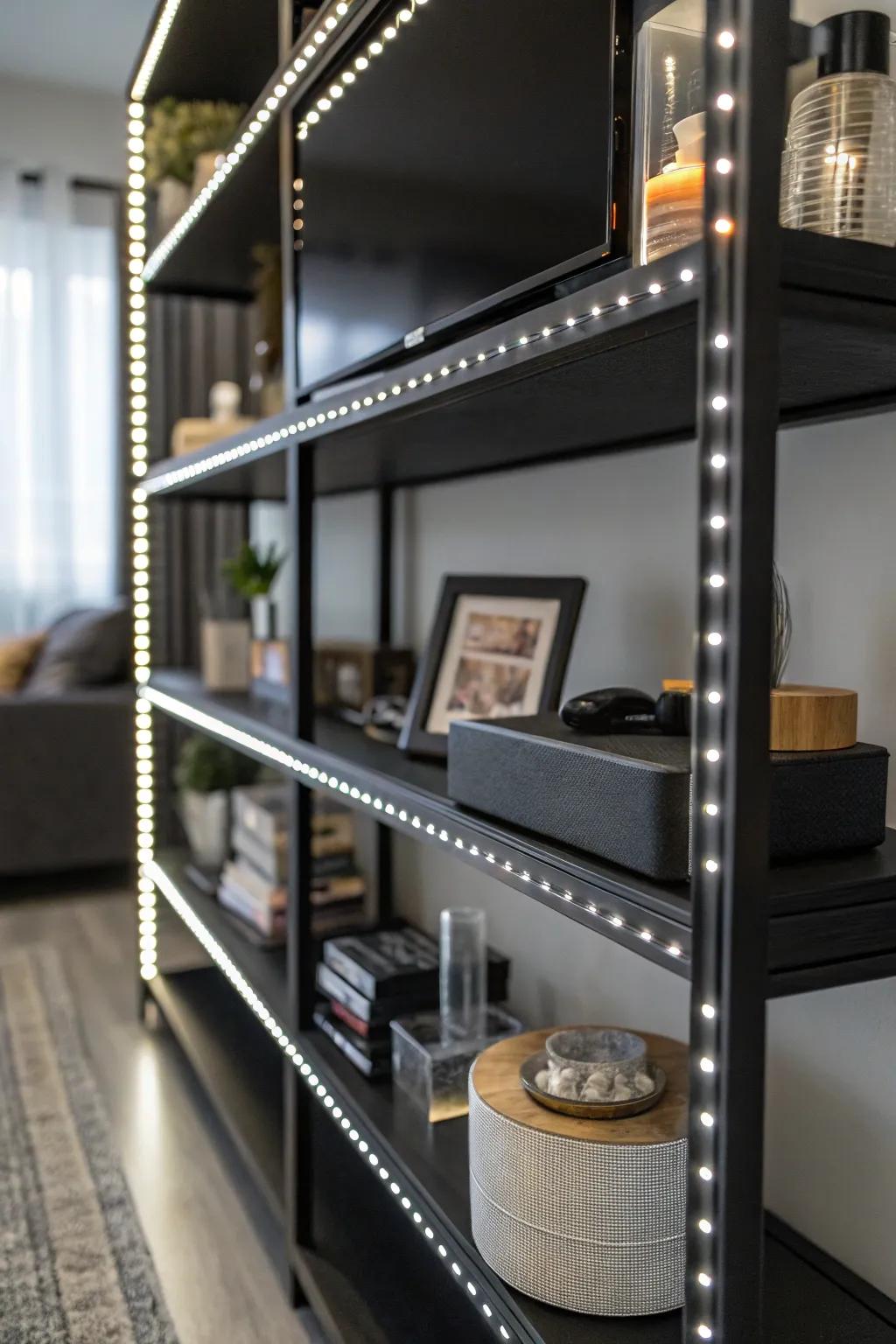 LED illuminations emphasizing design on a dark shelf, fashioning a current ambiance.