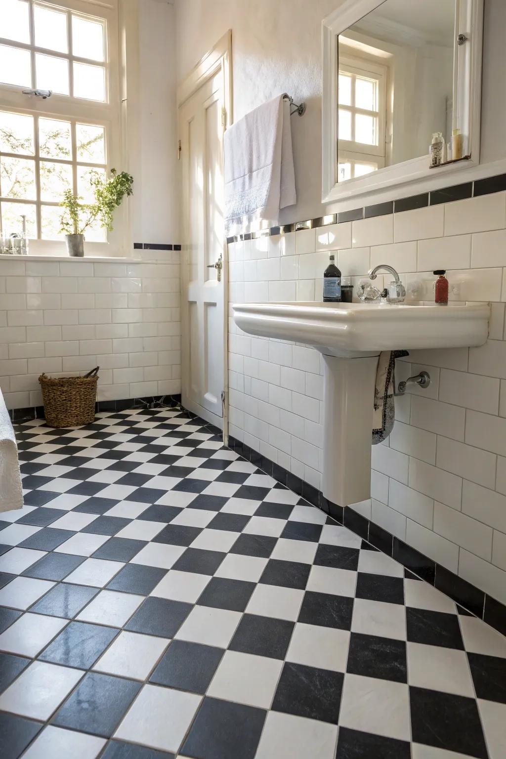 The dark and pale board pattern adds classic charm to the bathroom.