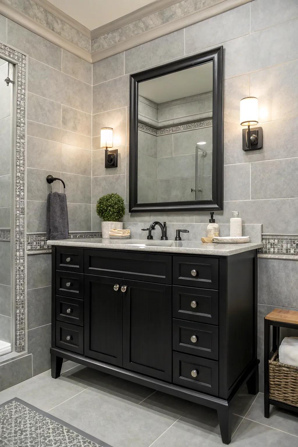 Gray hues provide a sophisticated backdrop for a dark sink console, enhancing depth.