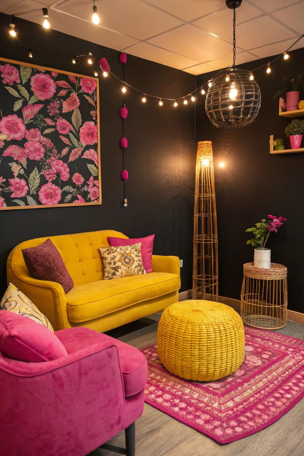 Vibrant colors against a dark wall.