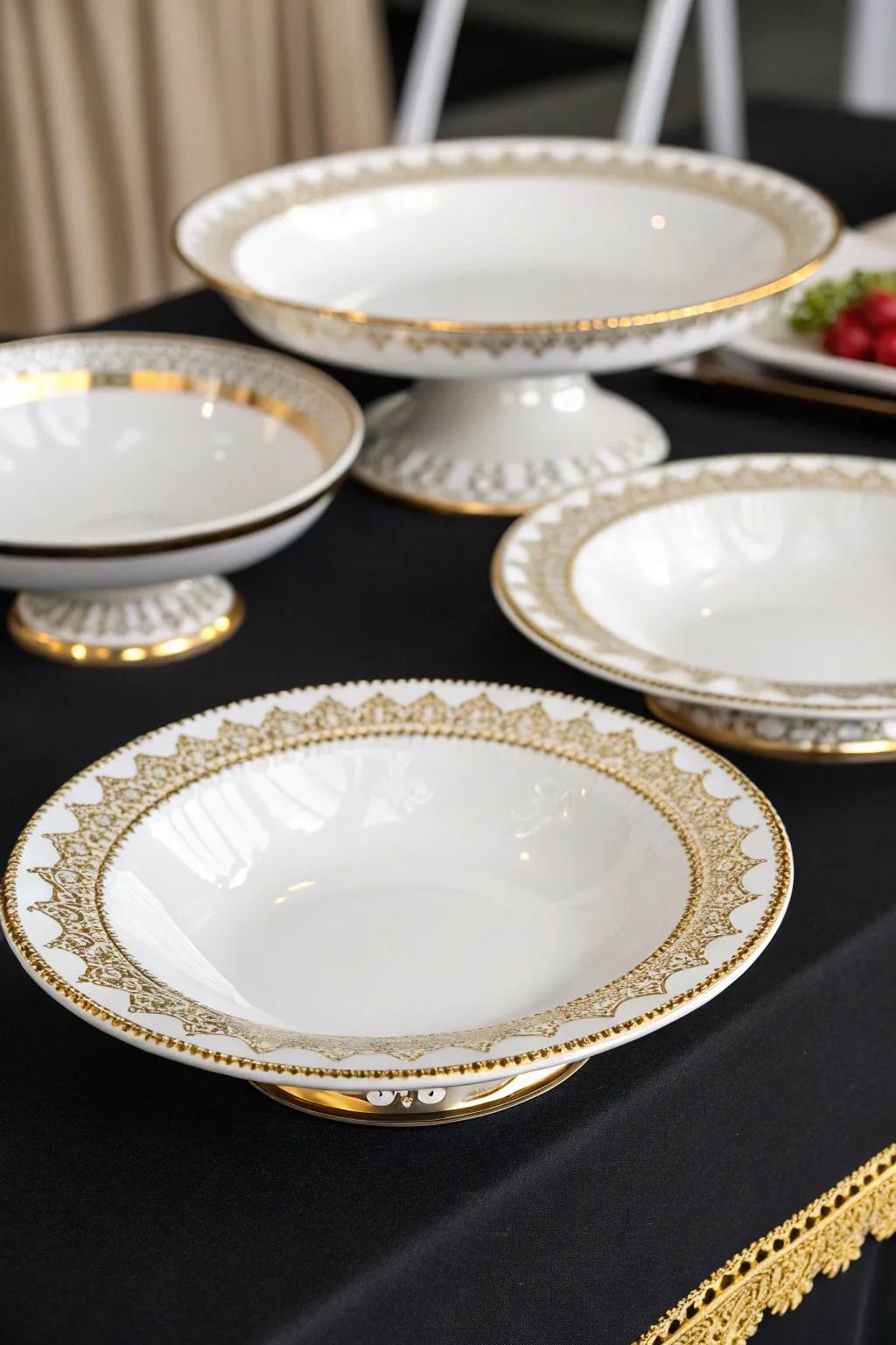 Chic alba porcelain with shining embellishments for a cohesive aesthetic.