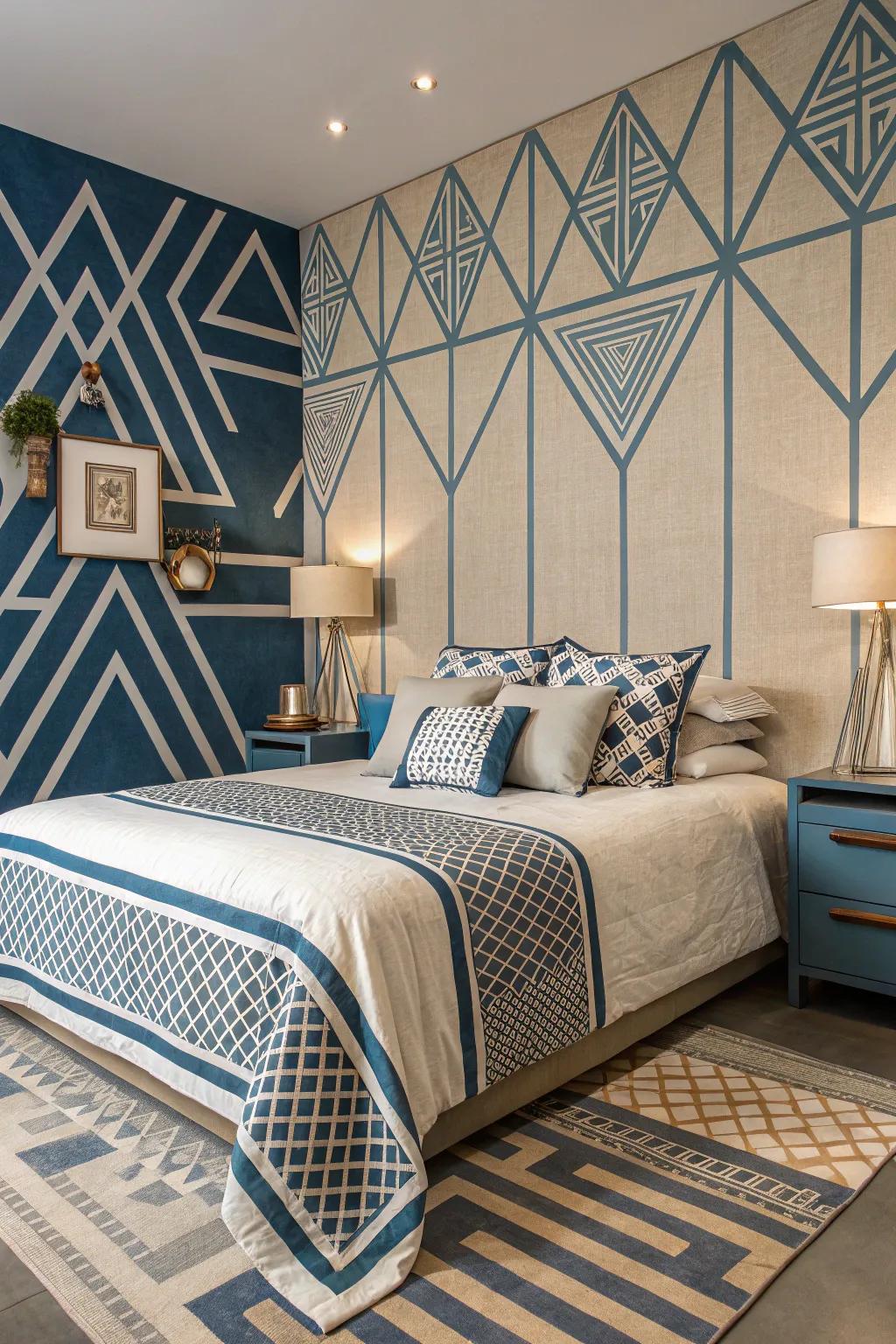 Geometric patterns in blue and beige give the space a modern edge.