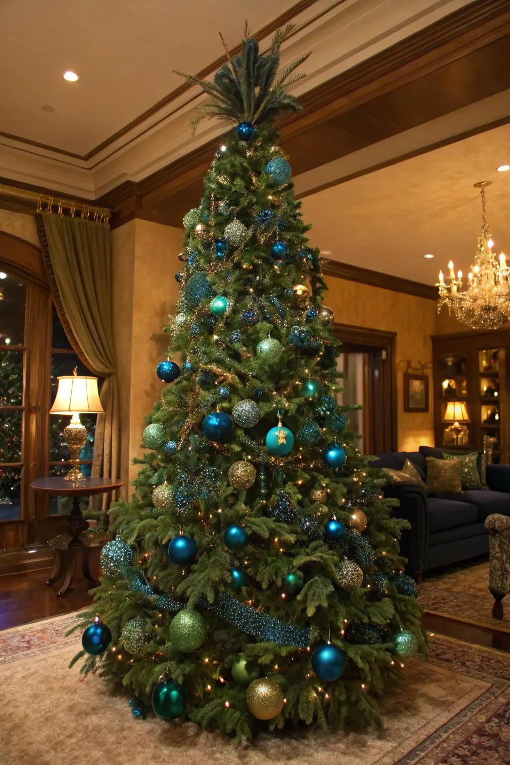 A peacock and moss tree displaying understated luxury.