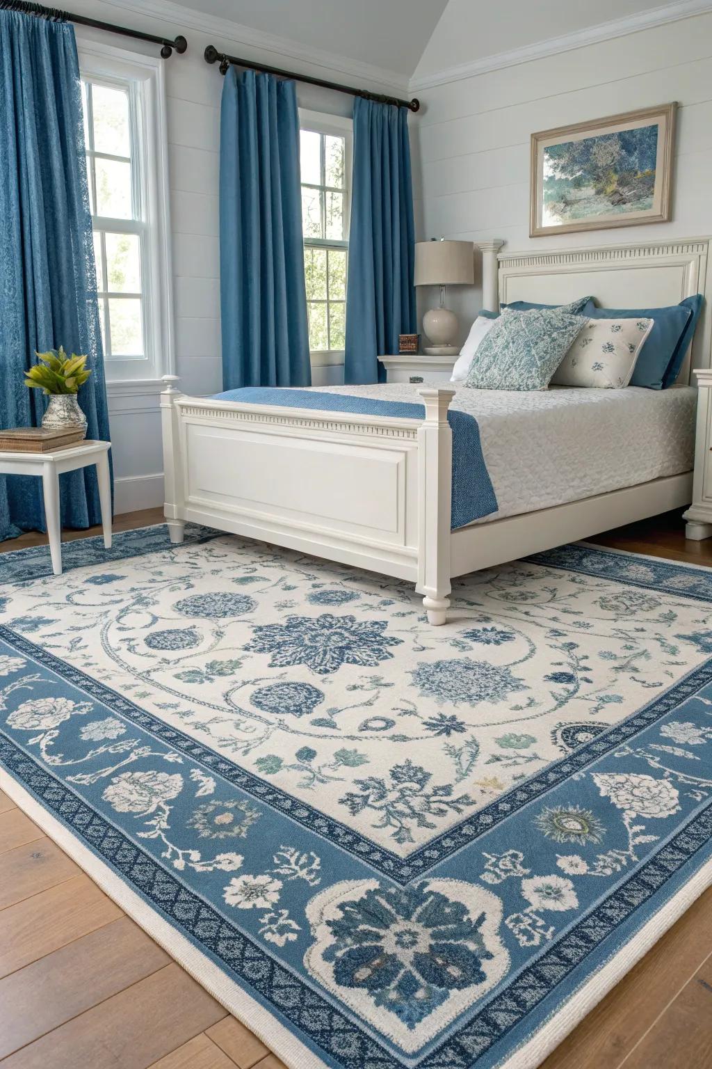 A harmonious area rug ties together the blue and white color scheme.
