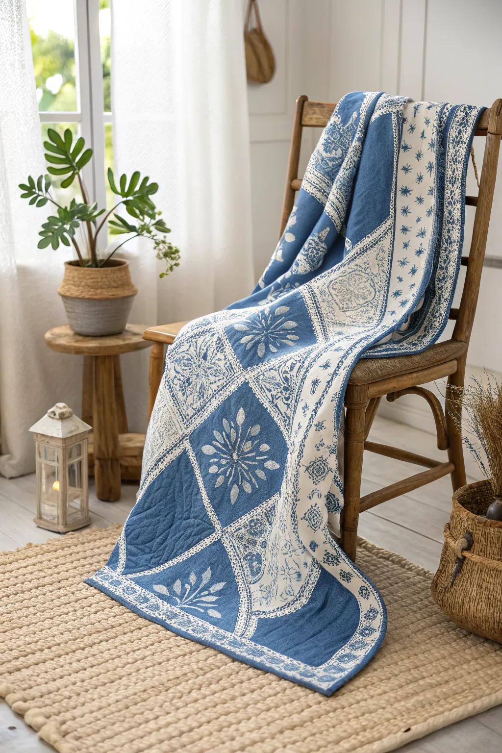 Embrace nostalgia through these timeless azure and ivory quilt designs, injecting a hint of vintage charm into your area.