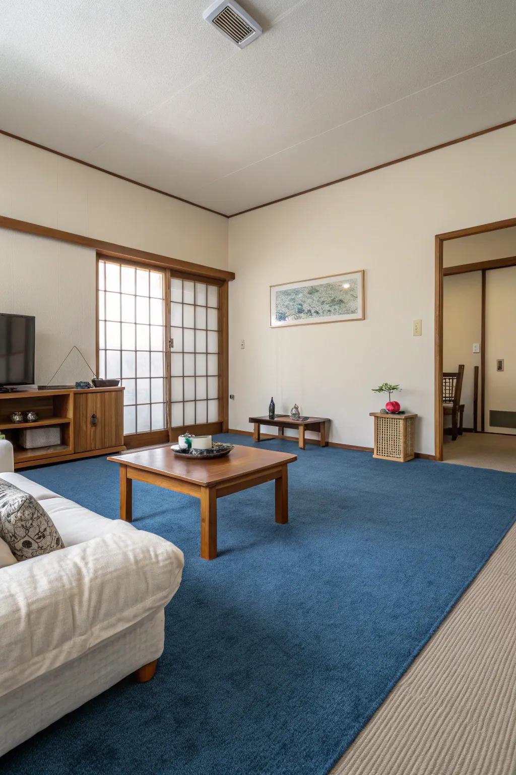 A minimalist angle sustains emphasis on the blue carpet, magnifying simplicity.