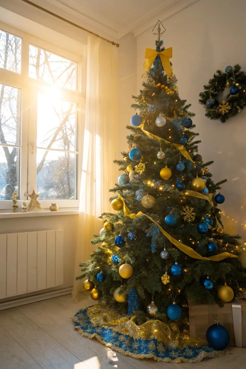 A cheerful blue and yellow Christmas tree.