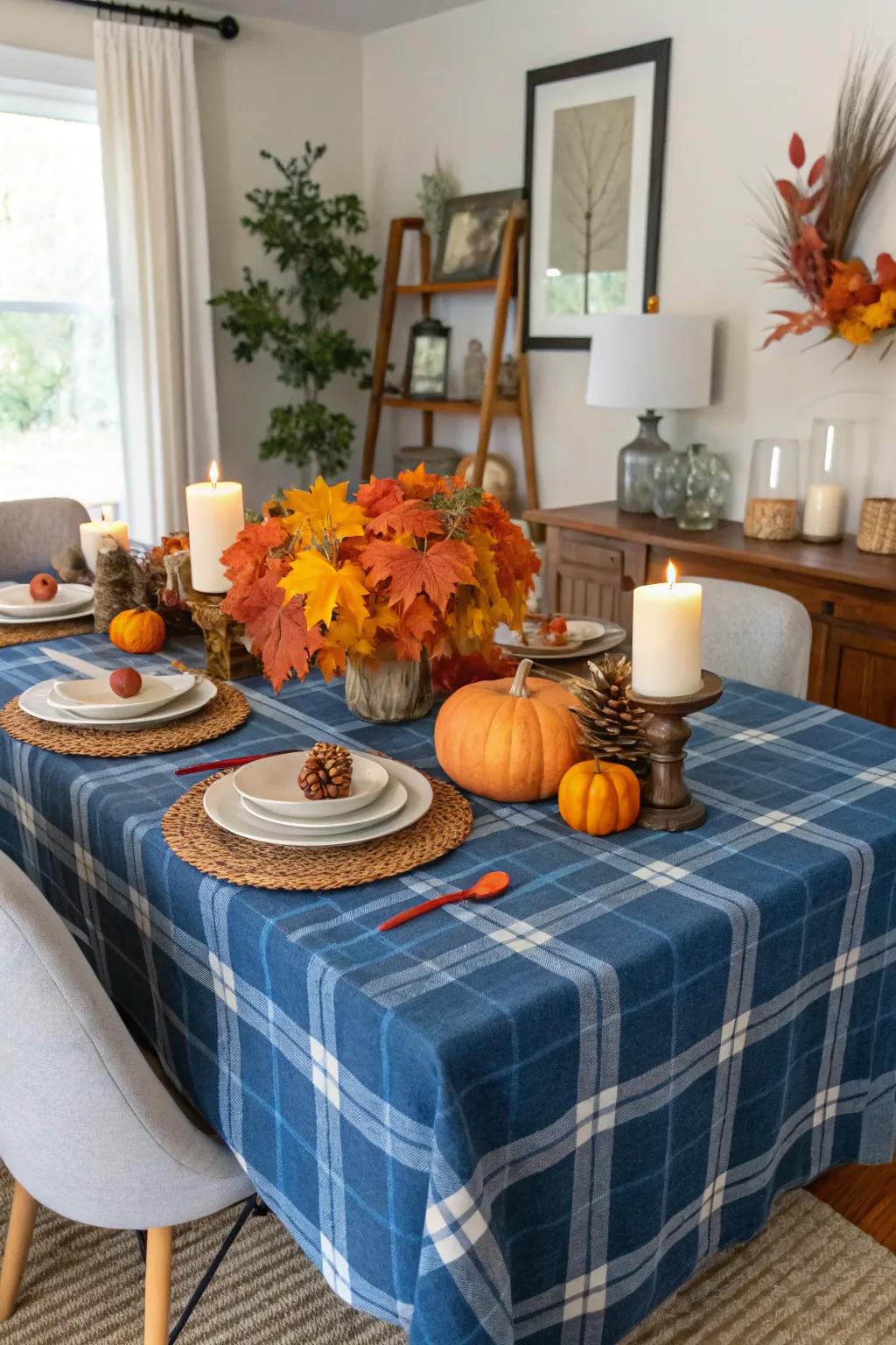 A dining room featuring azure plaid and fall accents.