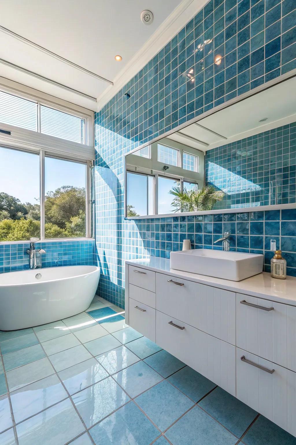Reflective glass tiles enhance light and space in your bathroom.