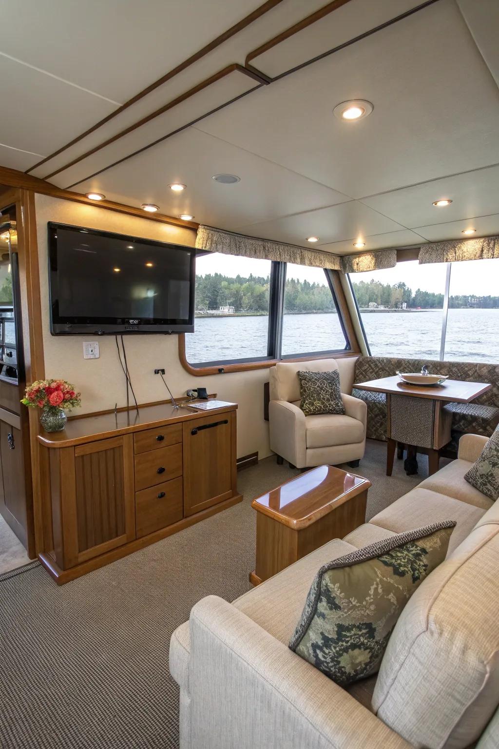 Wall-mounted TV stand setup inside a cozy boat living space.