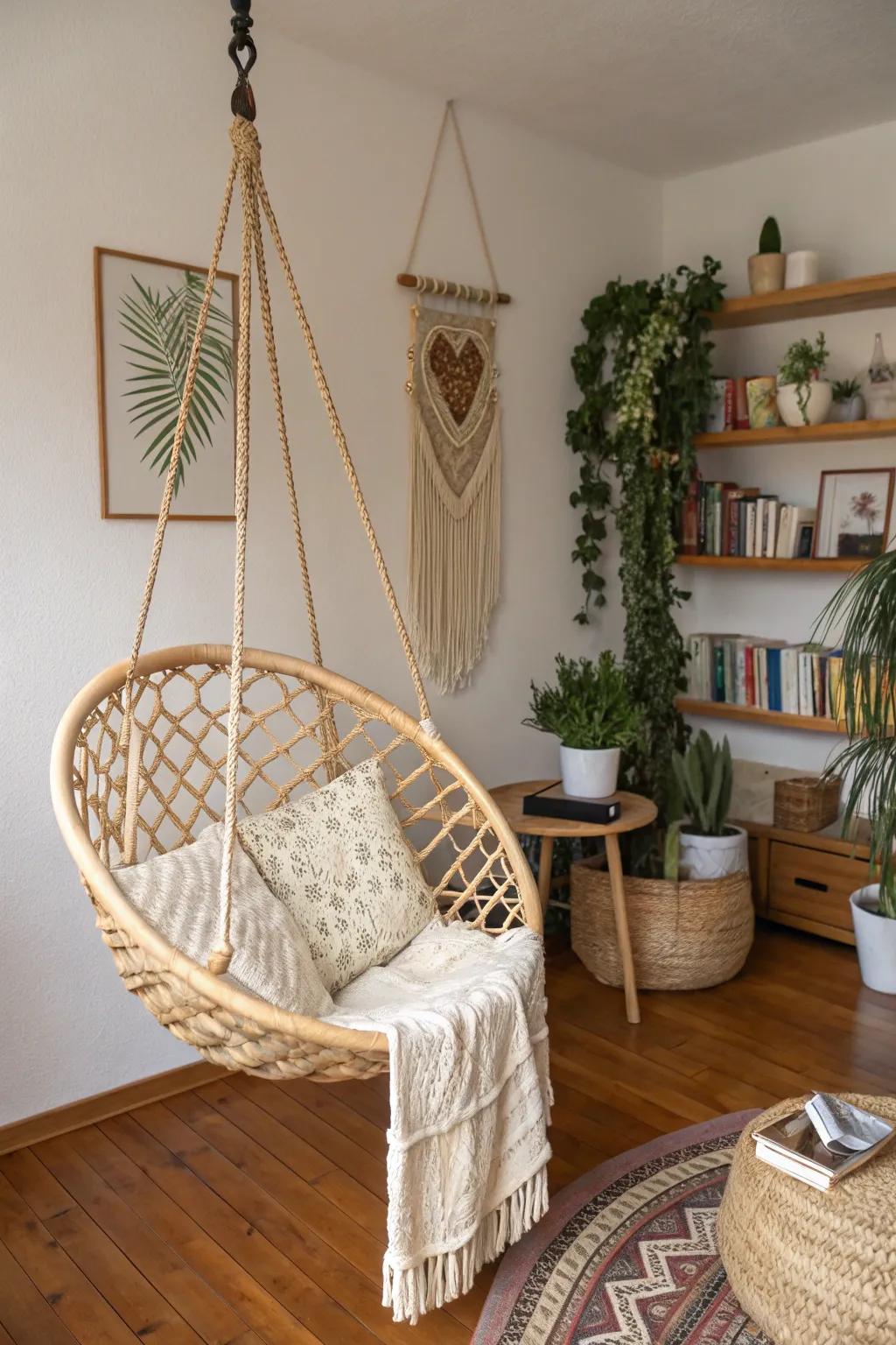 A playful cane hanging chair in a bohemian corner.
