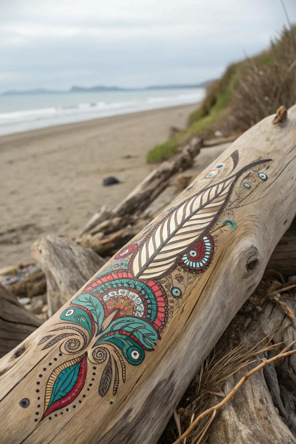 A boho painting that combines the organic beauty of driftwood with artistic designs.