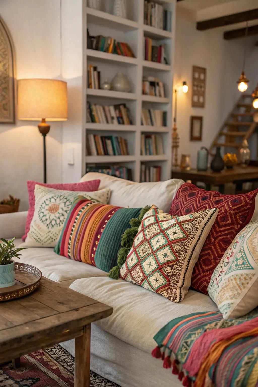 Plush cushions append ease and color to a bohemian space.