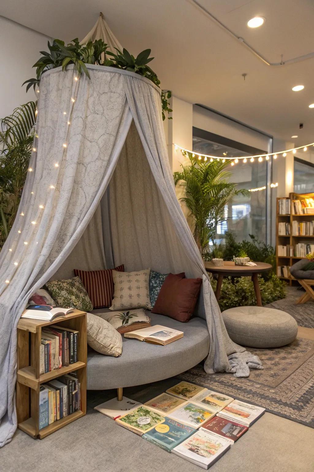 A drape-enshrouded nook exuding intimacy and snugness.
