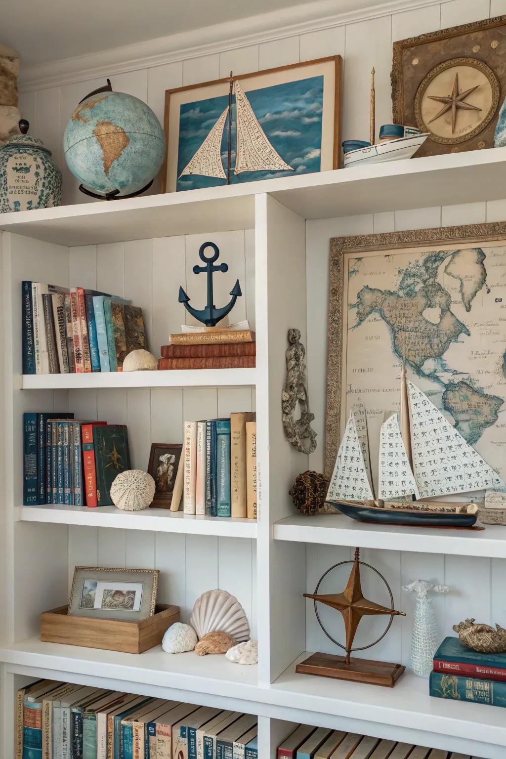 A themed bookshelf crafts a unified decor statement.