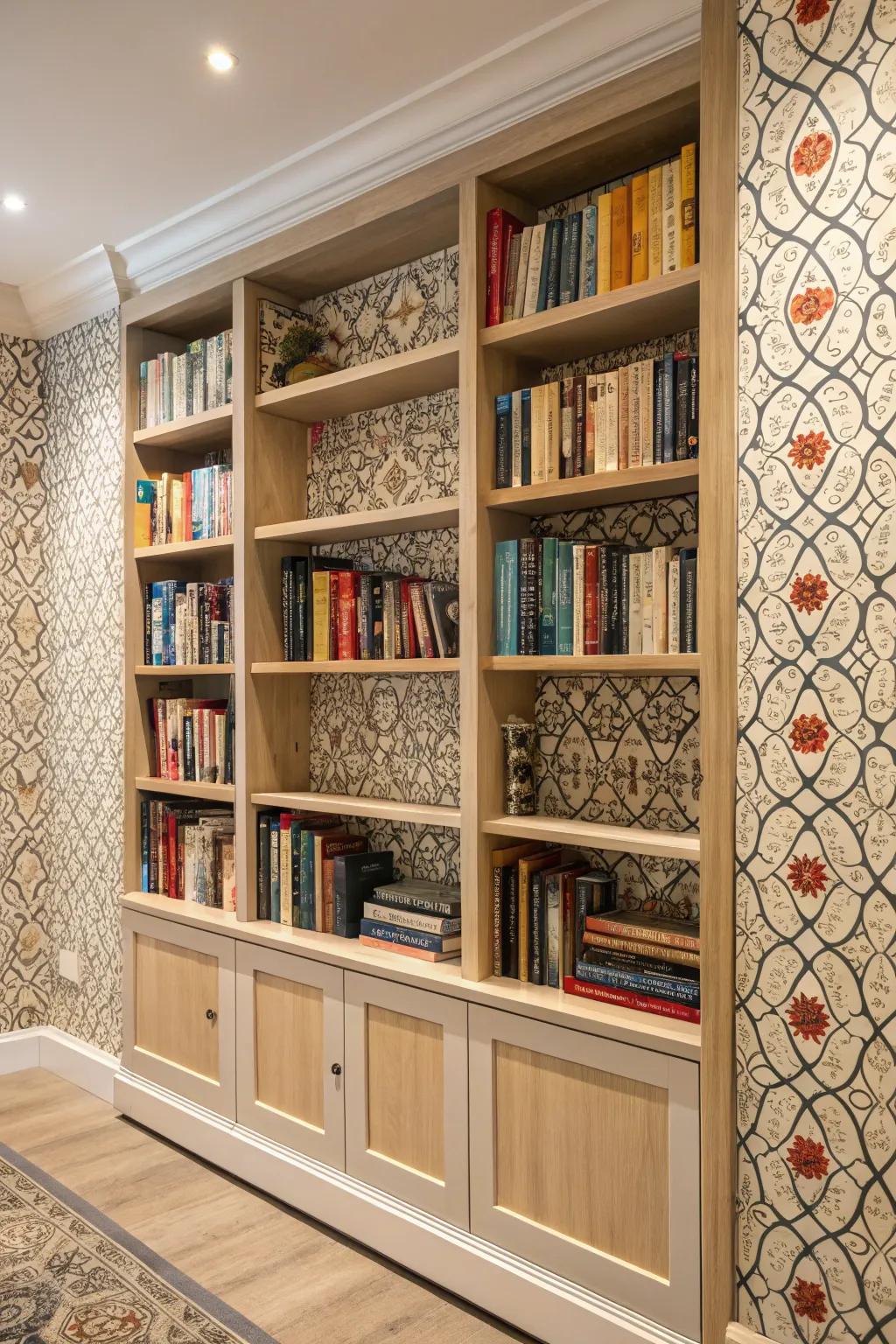 Adornment introduces pattern to bookshelves.