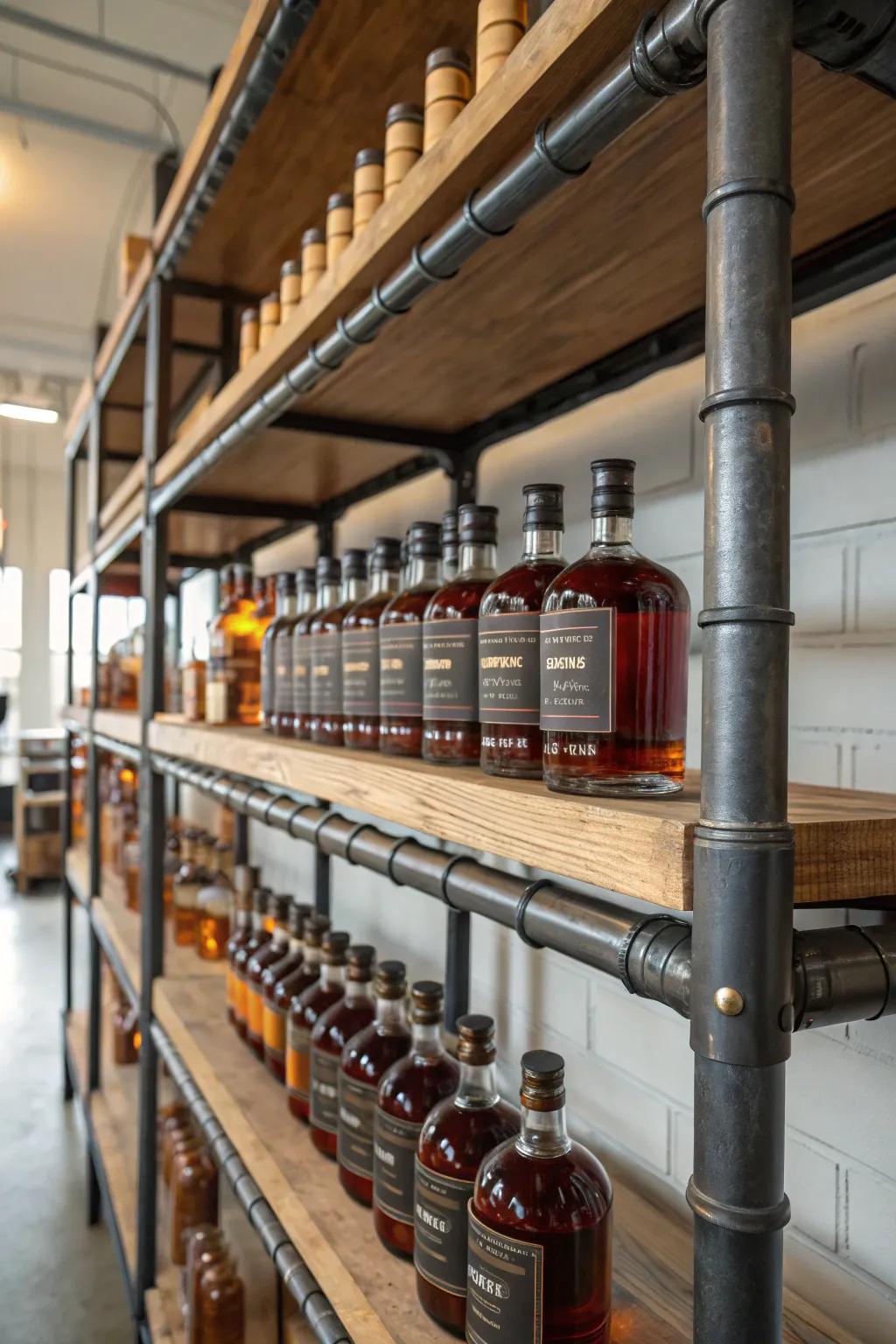 Industrial pipe shelving adds a modern edge to your bourbon display.