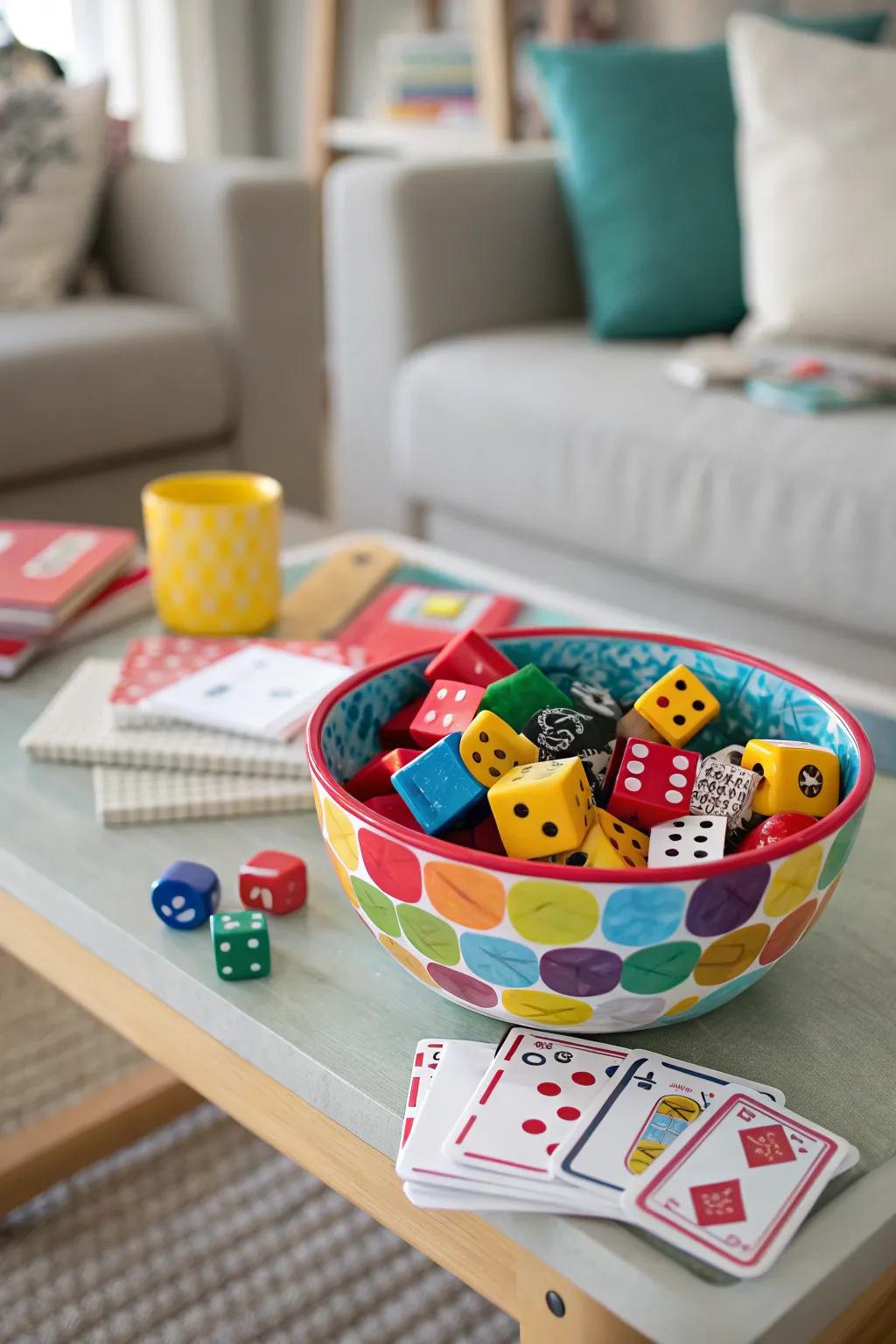 A lively bowl packed with colorful game parts