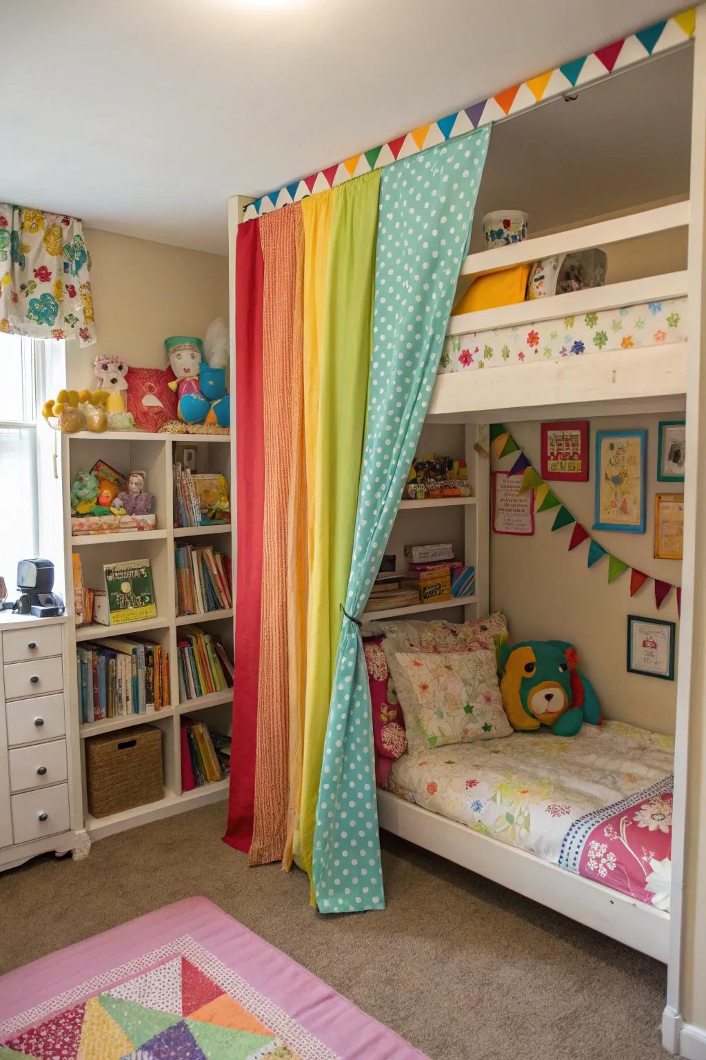 A fabric divider adds color and privacy in a shared area.