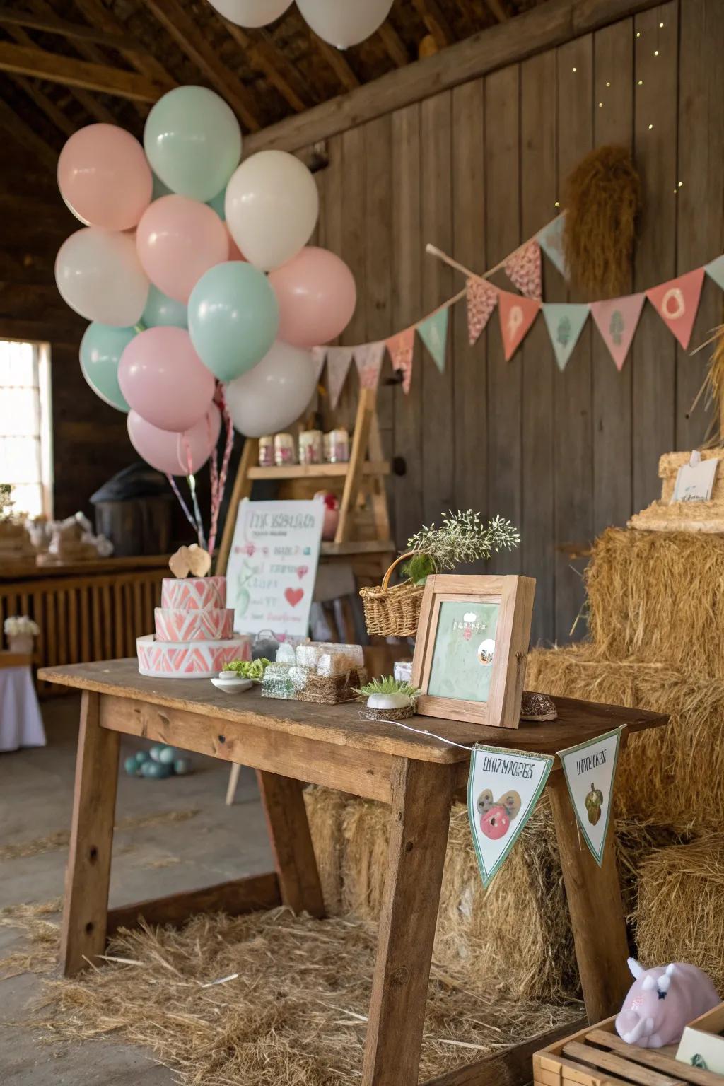 A farm-themed baby shower featuring rustic and charming decorations