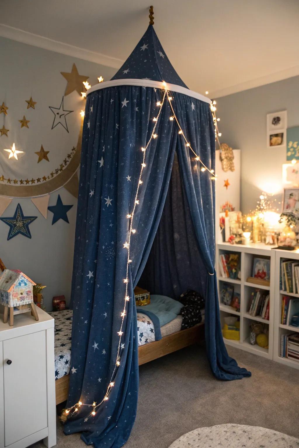 Slumber beneath the constellations through this starlit dusk-themed four-poster bed.
