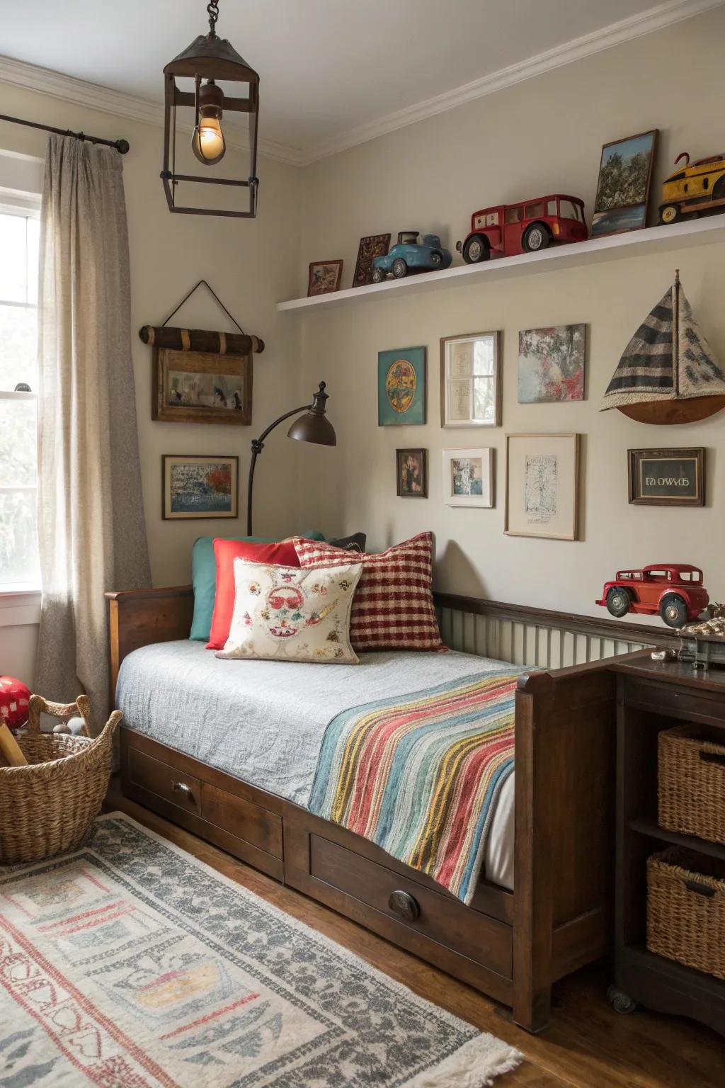 Append charm and lore to a boy's space through vintage daybed embellishments.