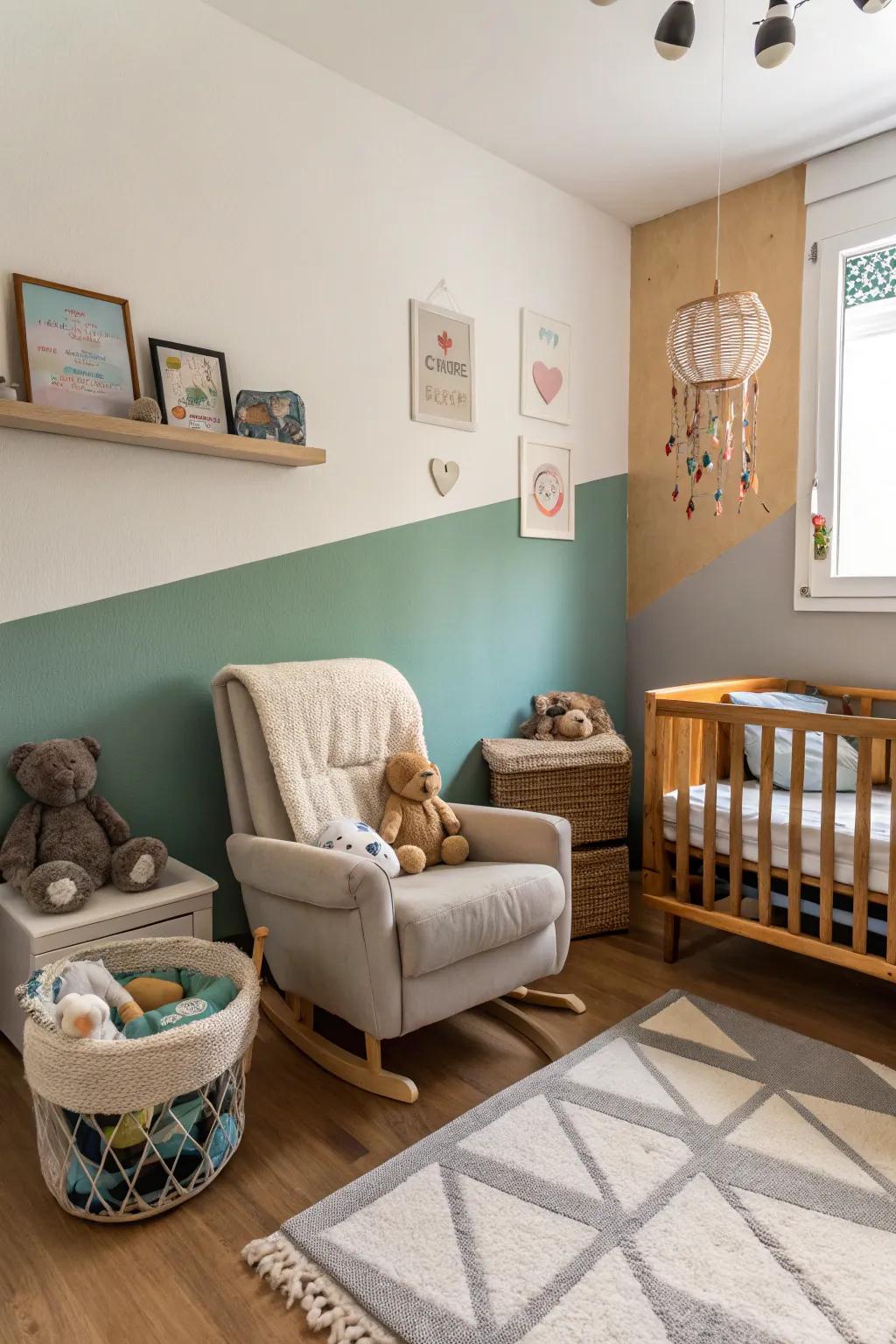 Dual-tone walls append a dynamic stroke to the nursery design.