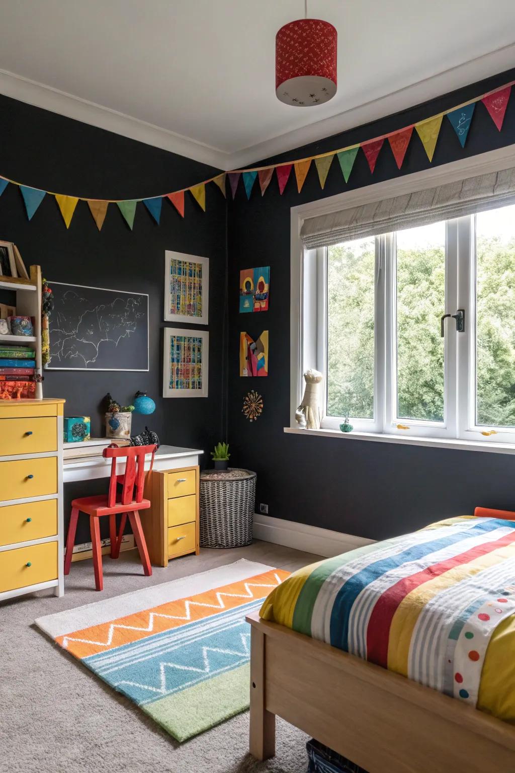 Bold and sophisticated with black walls.