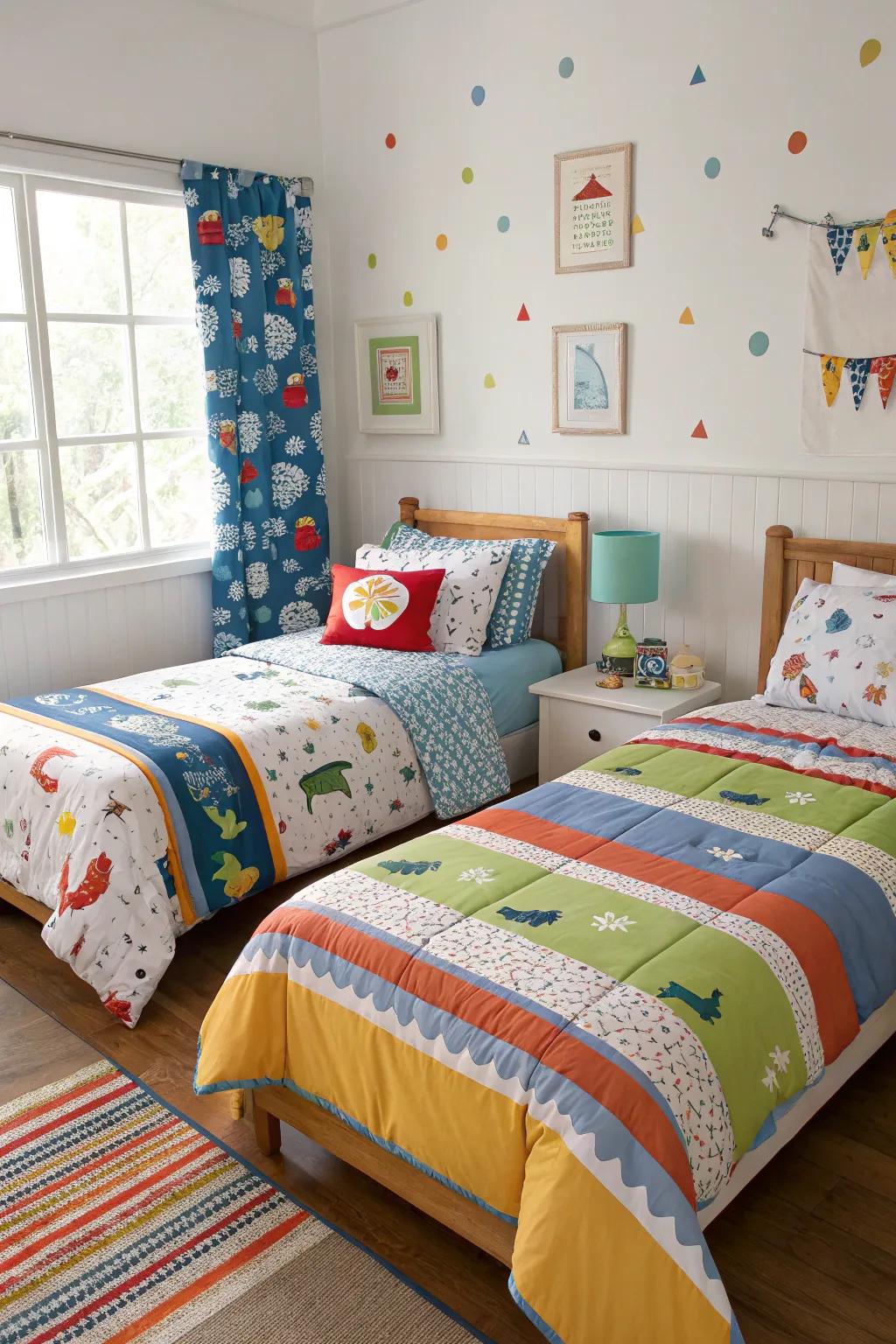 Playful bedding easily refreshes the room’s appearance.