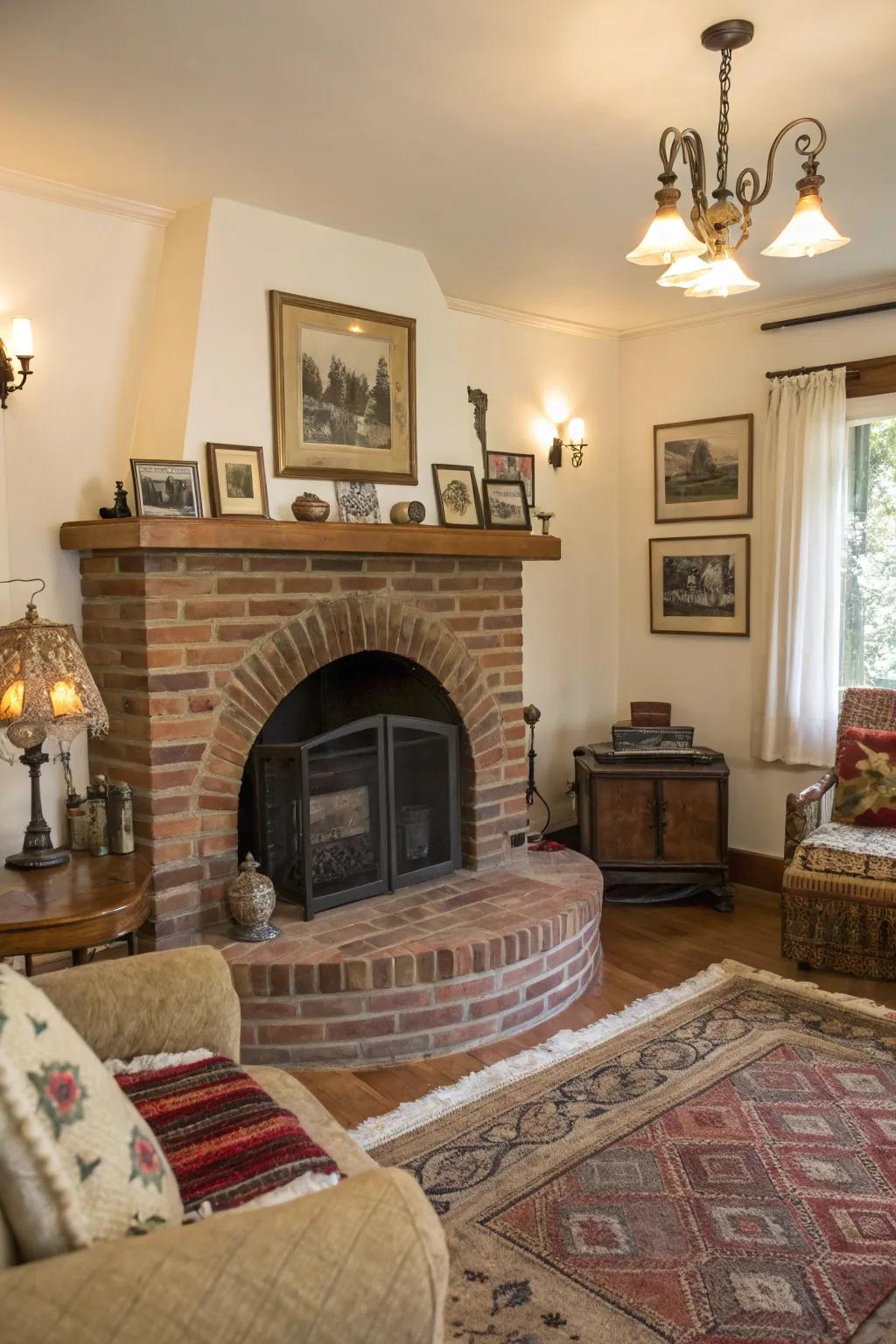 A curved brick hearth adding old-world charm to this vintage-inspired space.