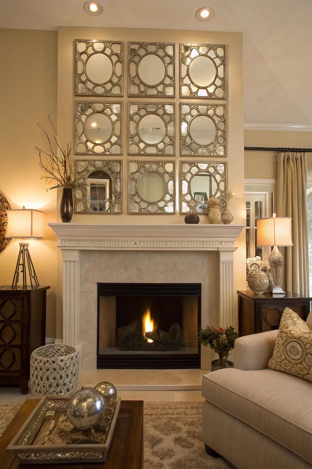 Mirror hearth artistry appends glamour to every fireside.