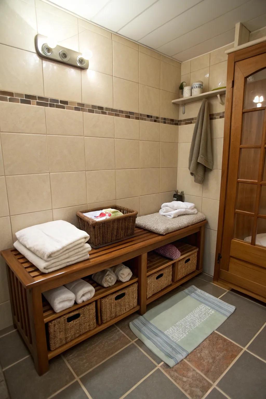 This compact bathroom maximizes space by using multi-purpose furnishings.
