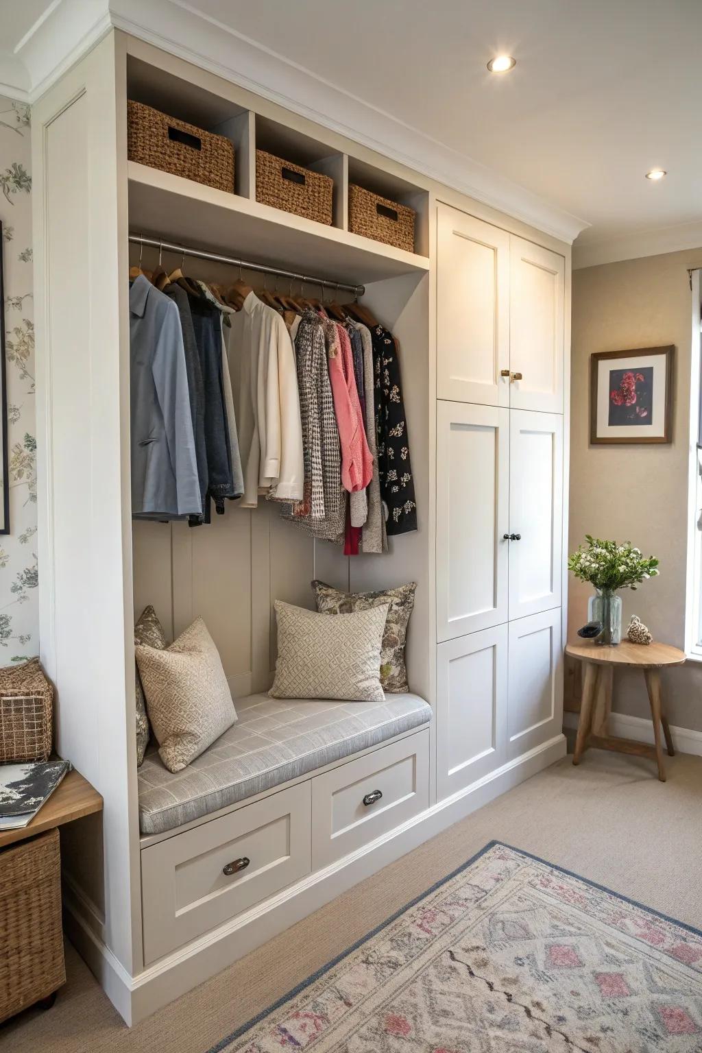 Integrated seating enhances the comfort and utility of wardrobes.
