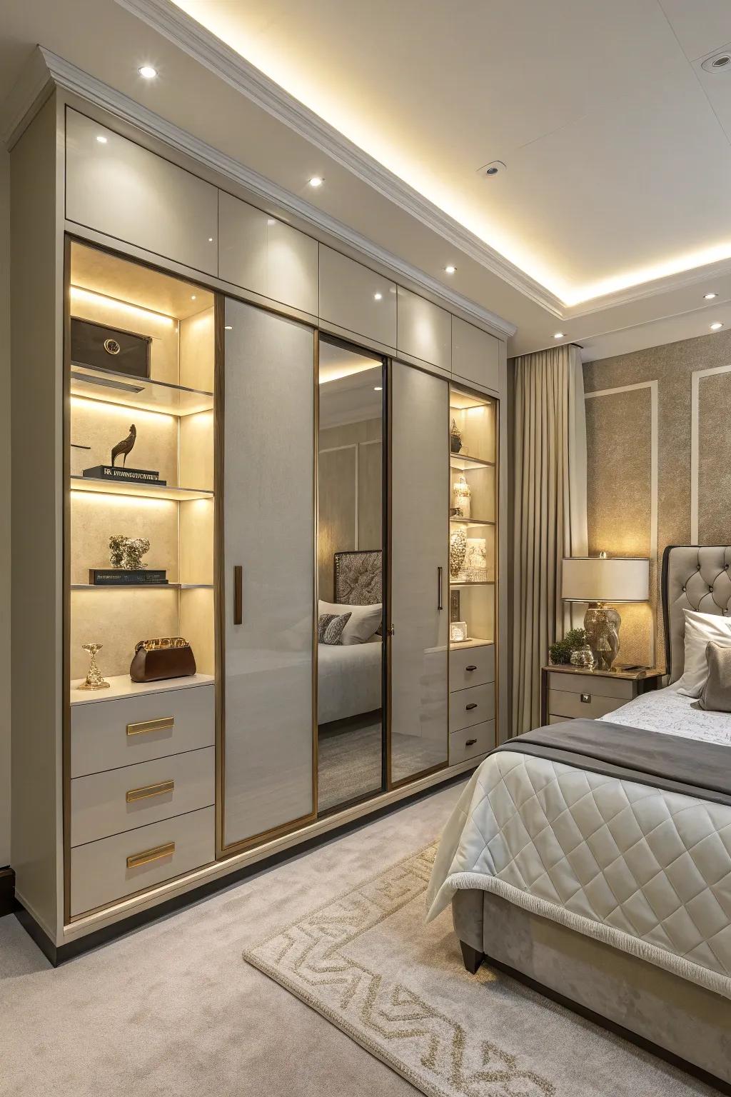 Diode illumination bestows a sumptuous radiance upon this wardrobe's shelving.
