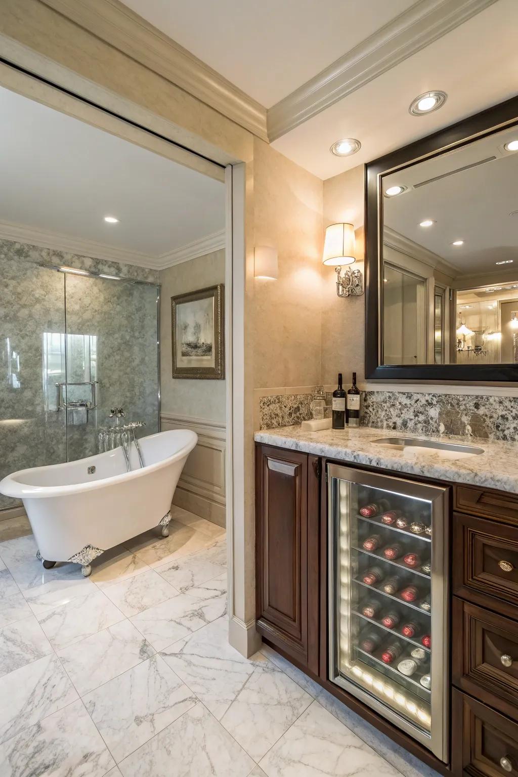 Add a touch of luxury to your bathroom with a beverage cooler for ultimate relaxation.