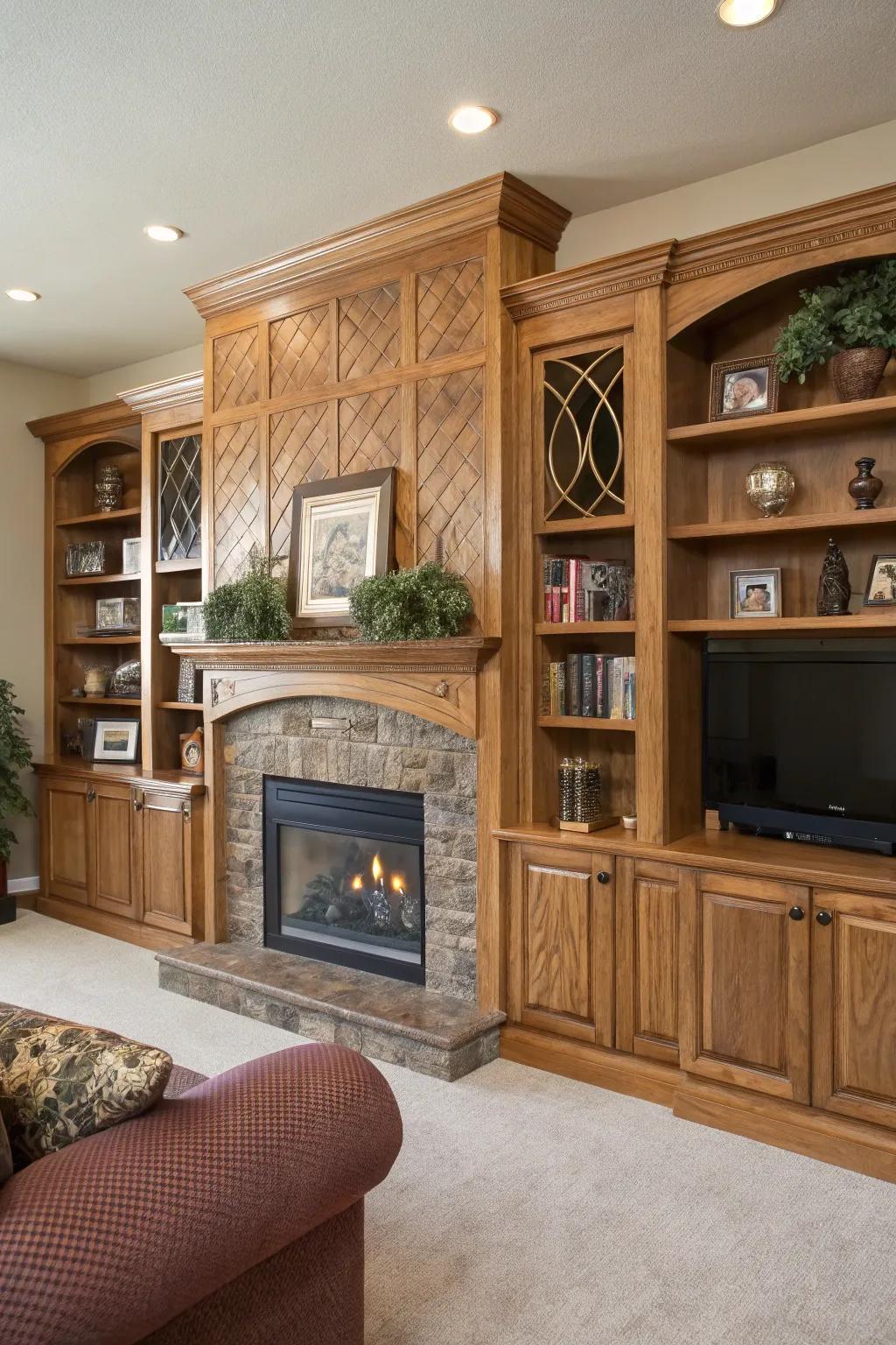 Ingenious woodwork contributes distinctive essence to fireplace built-ins.