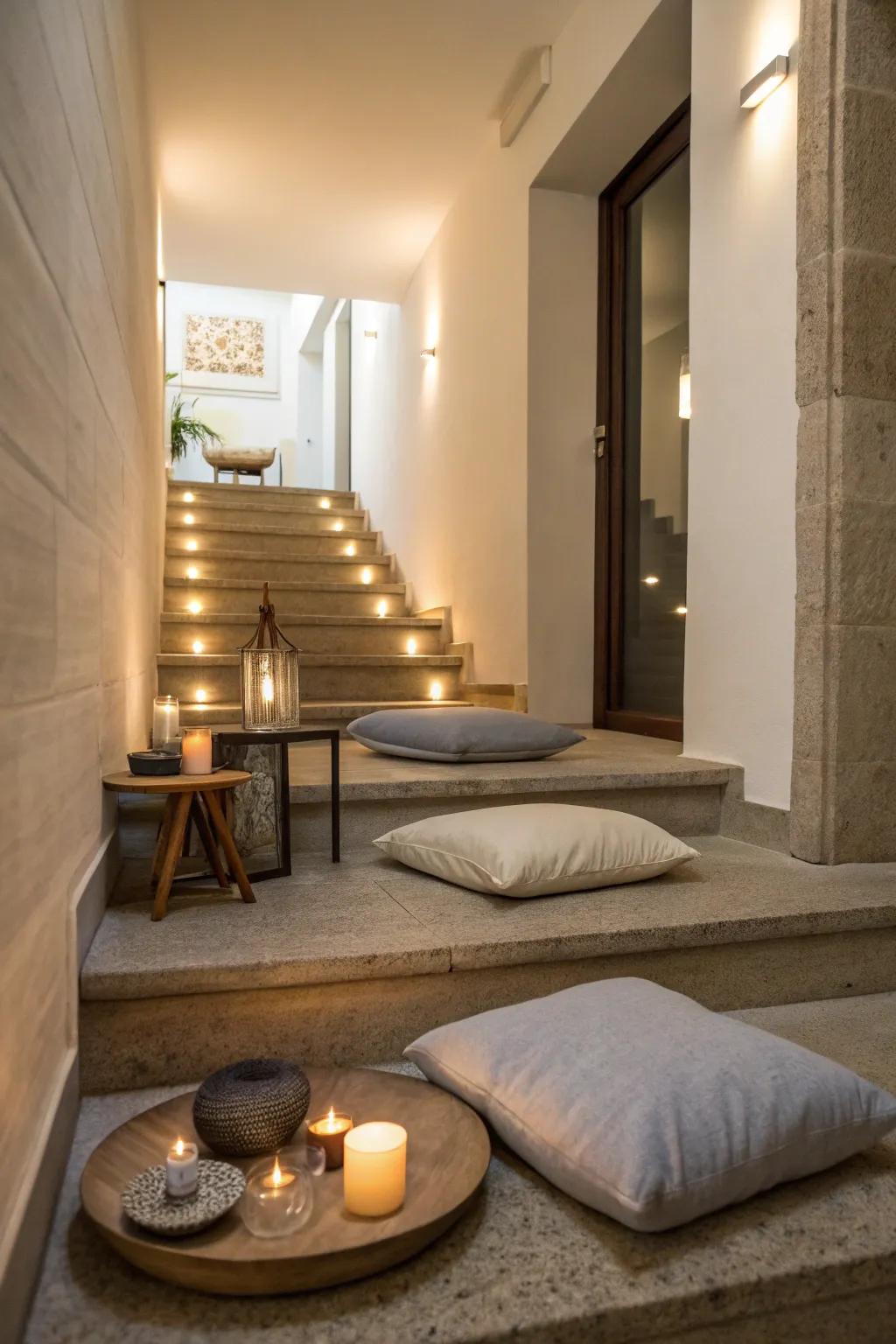 Discover inner peace within a stair bulkhead turned meditation spot.