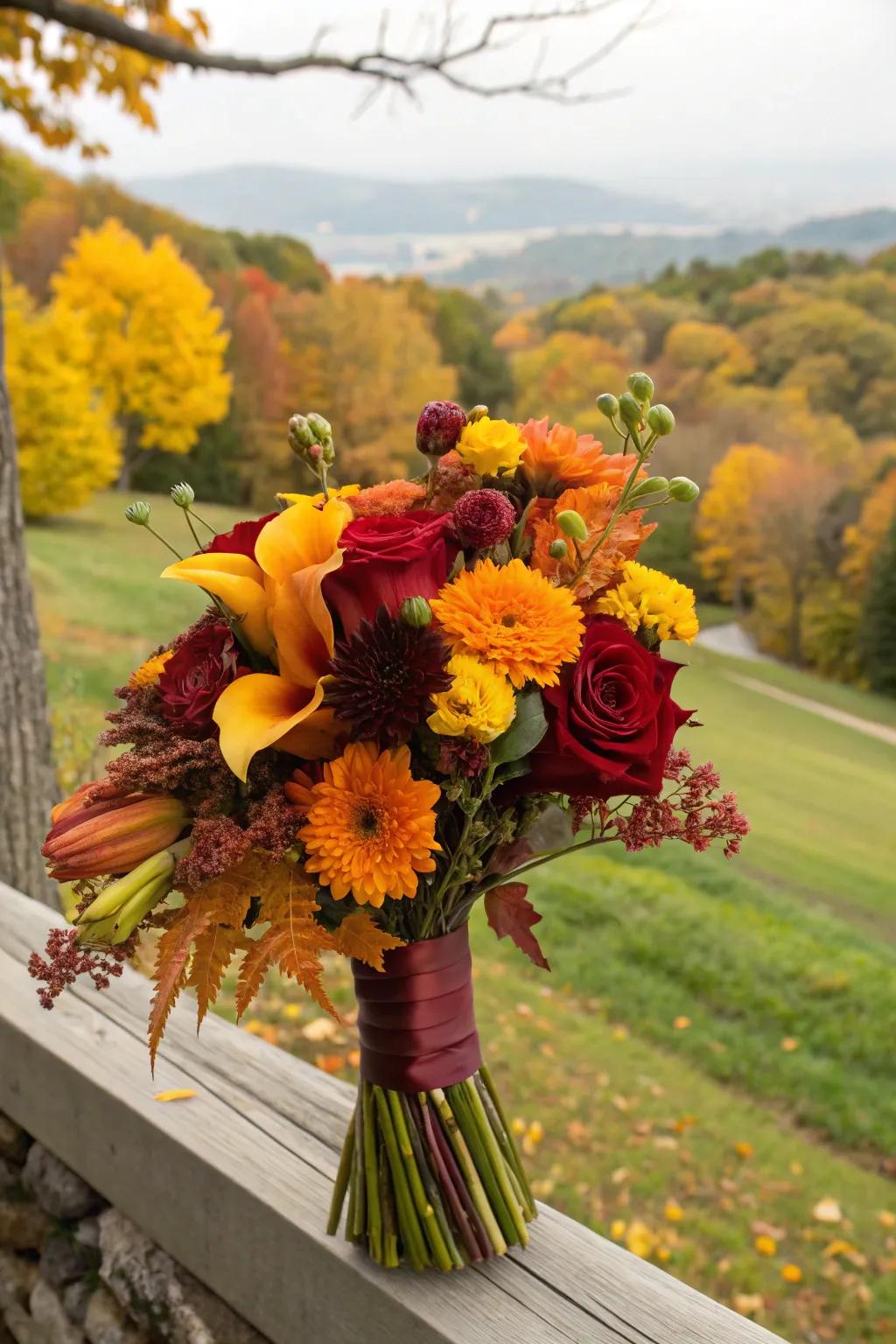 Bold bouquet featuring burgundy, orange, and yellow flowers.