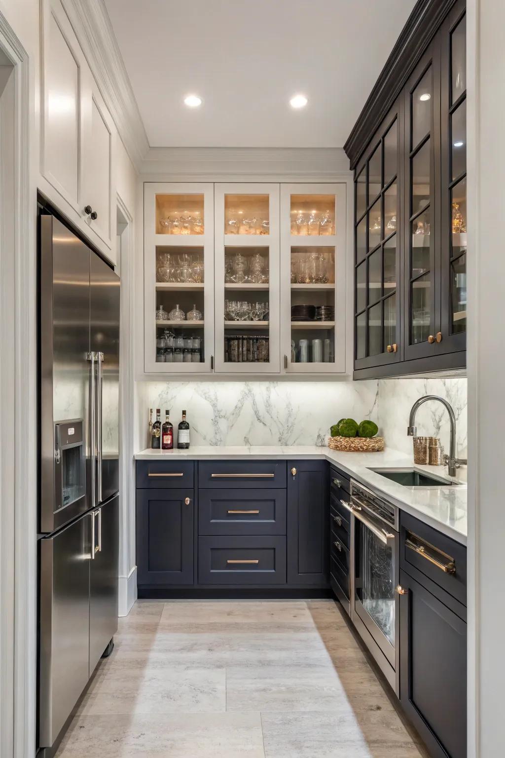 A contemporary service space showcasing two-shade storage for added contrast.