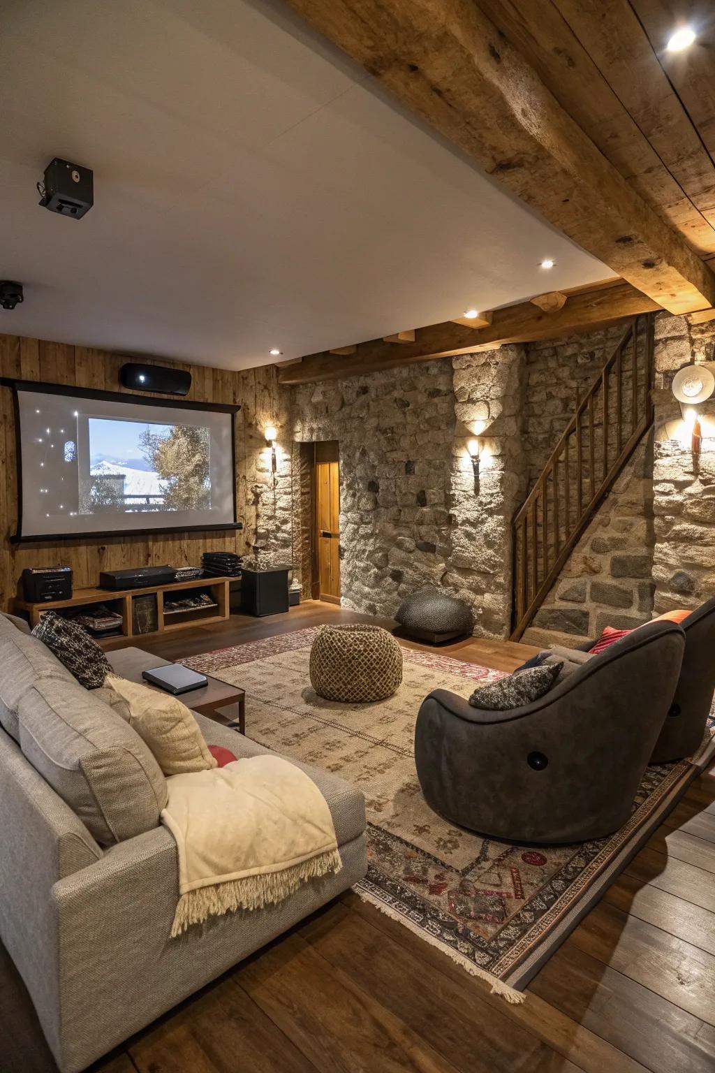 Mixed materials fashion a vibrant and inviting game room.