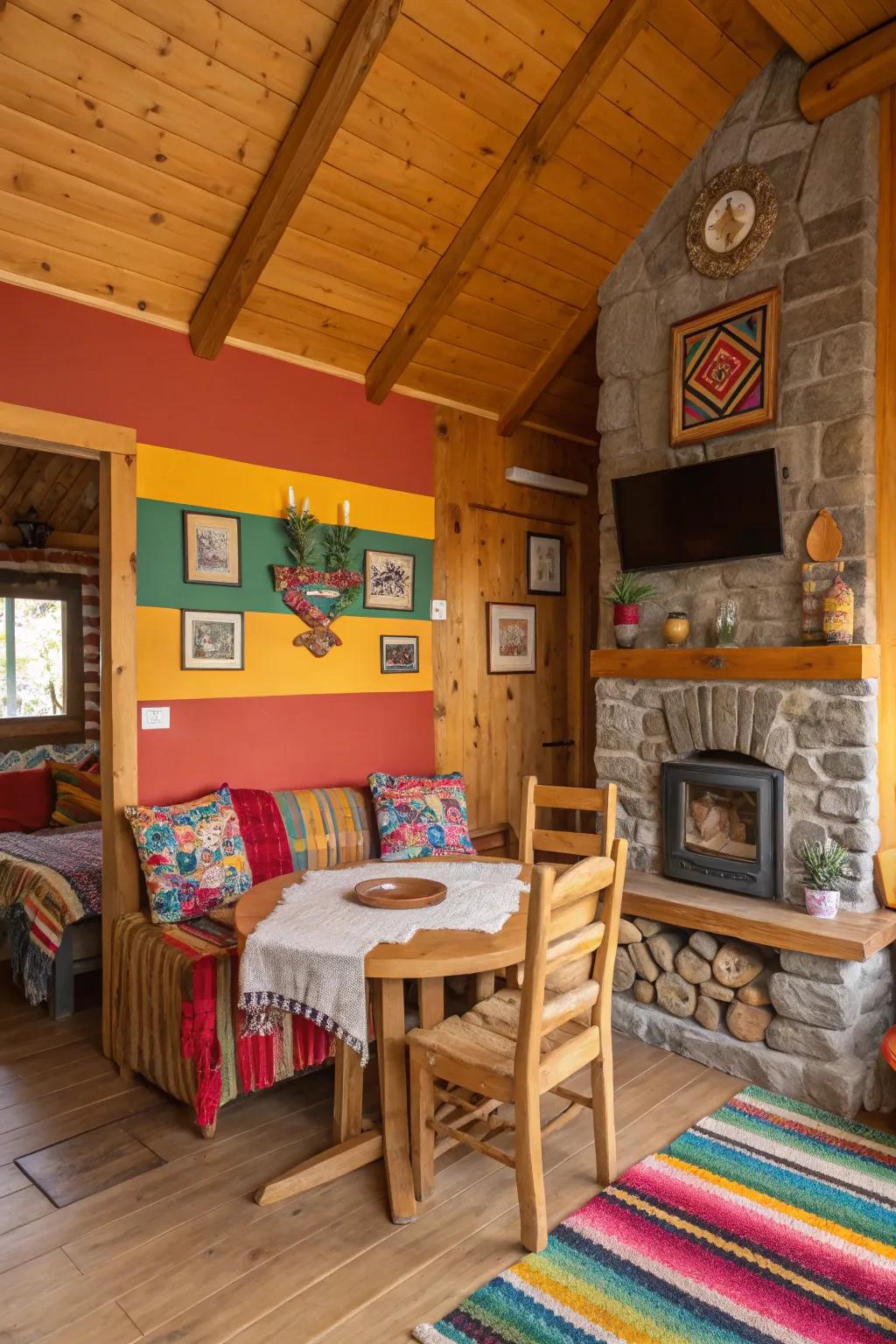 Bold colors bring energy to rustic cabin settings.