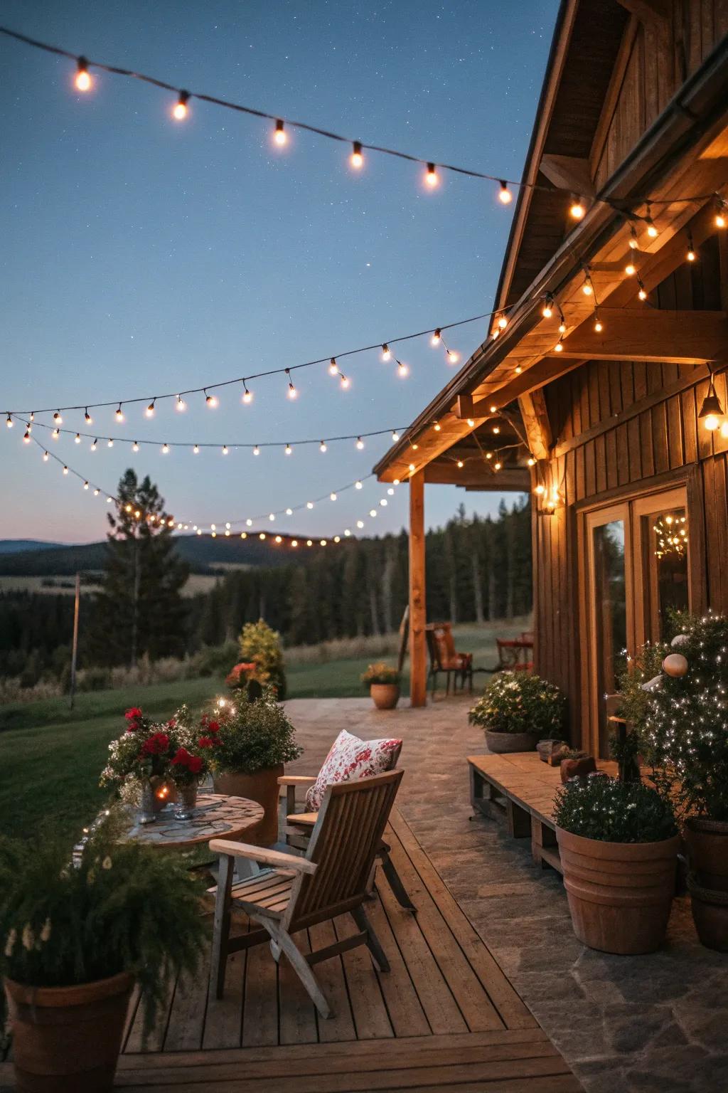 String lights providing ambient lighting on a cabin patio.