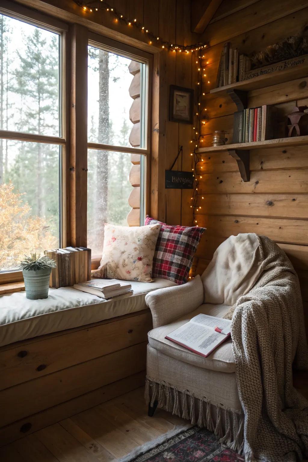 A quiet corner offers a peaceful retreat inside the cabin.