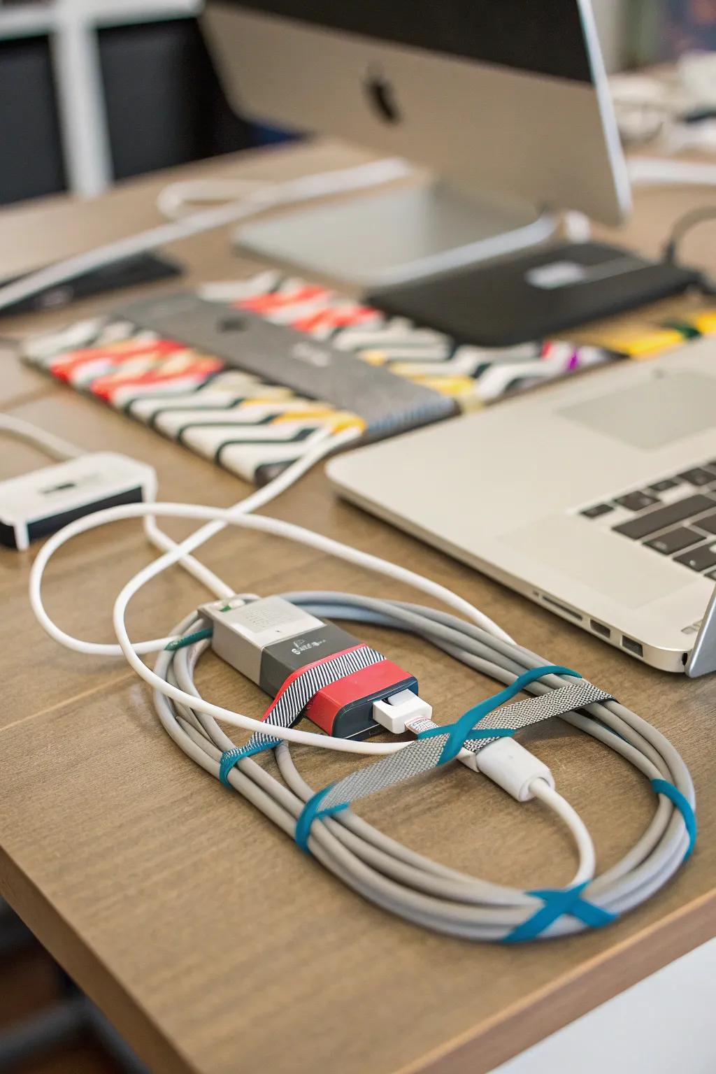 Strong tape providing a quick fix for cable arrangement.