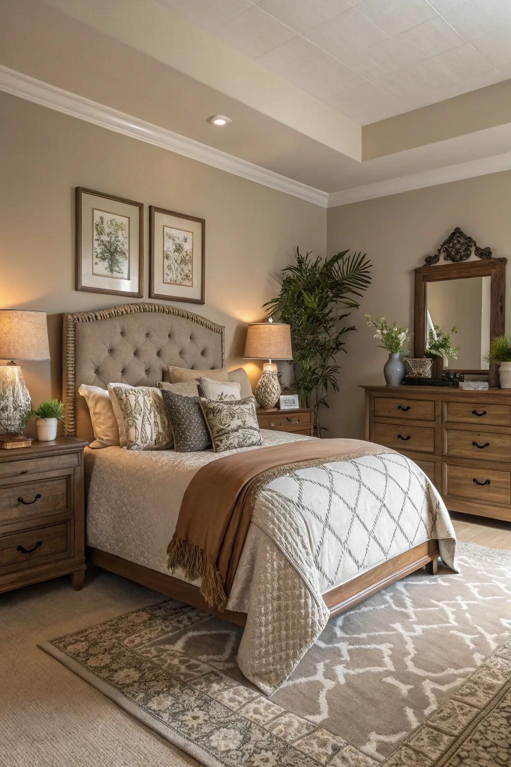Taupe walls offer an adaptable and calming backdrop.